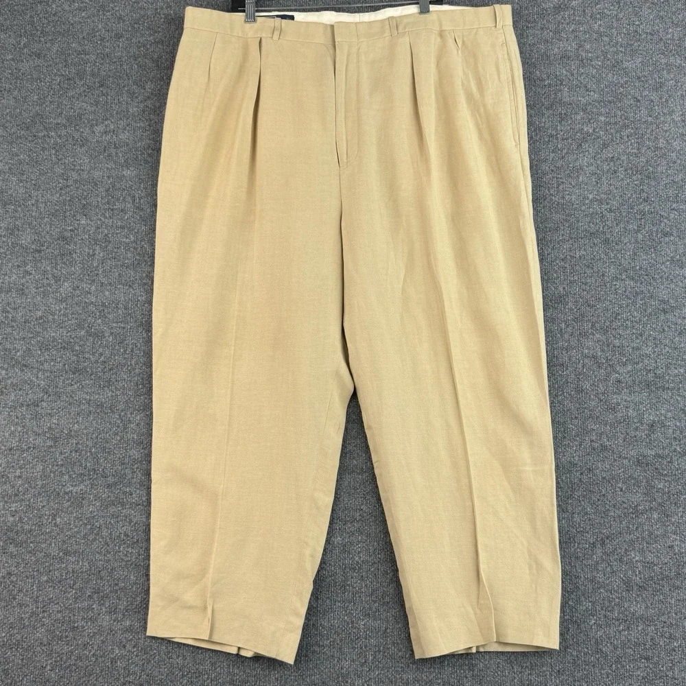 Polo Ralph Lauren Silk Linen Pants Mens 42x28 Beige Sand Pleated Travel Vacation